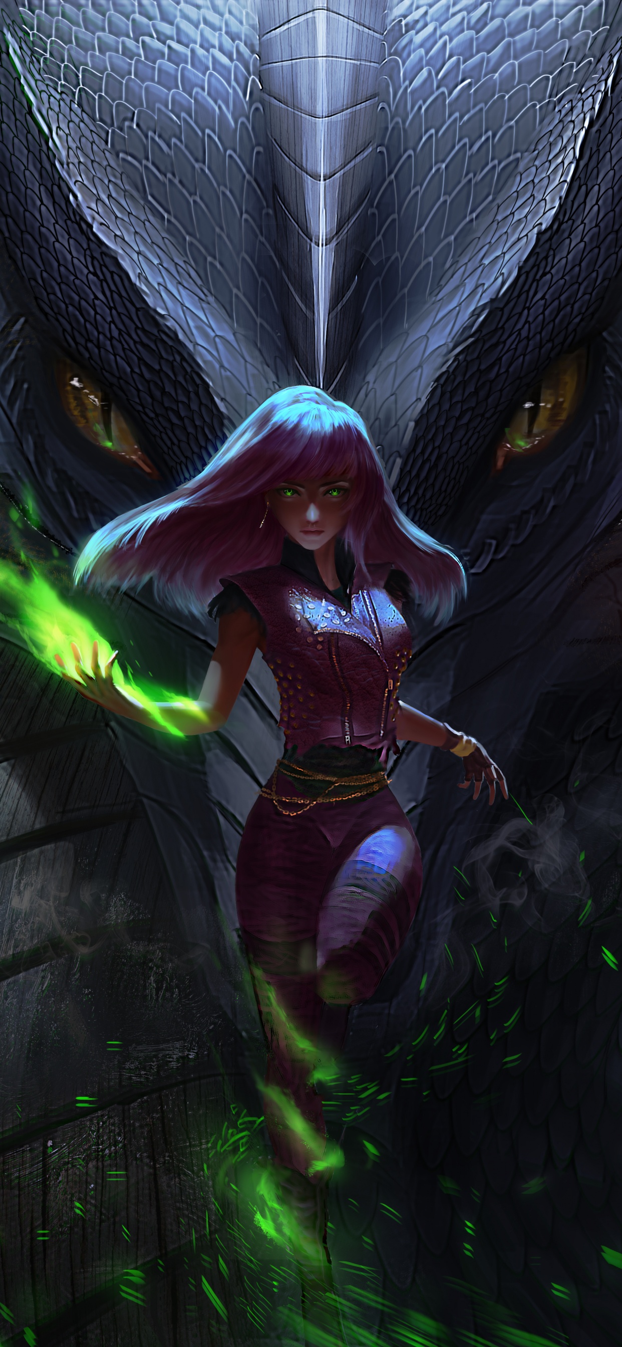 Dragon With Green Wings Illustration. Wallpaper in 1242x2688 Resolution