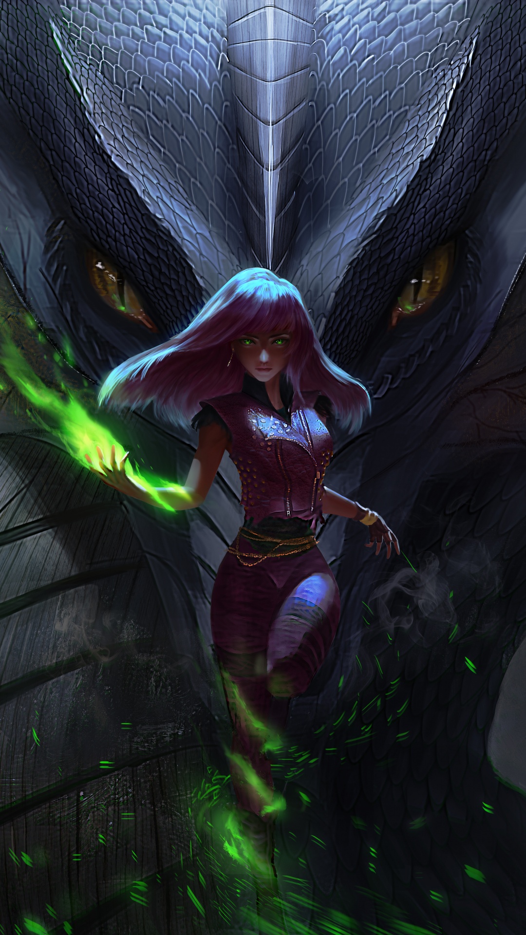 Dragon Aux Ailes Vertes Illustration. Wallpaper in 1080x1920 Resolution