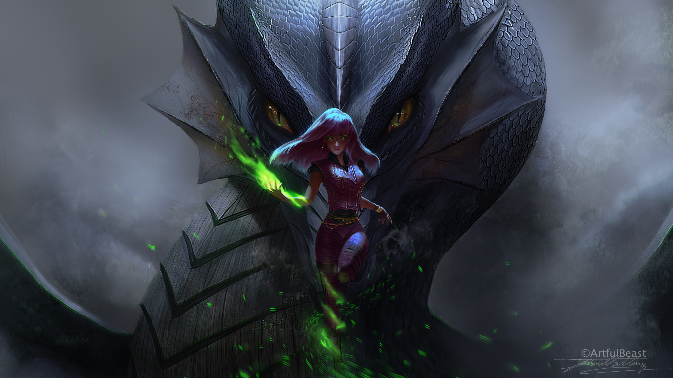 Dragón Con Alas Verdes Ilustración. Wallpaper in 1366x768 Resolution