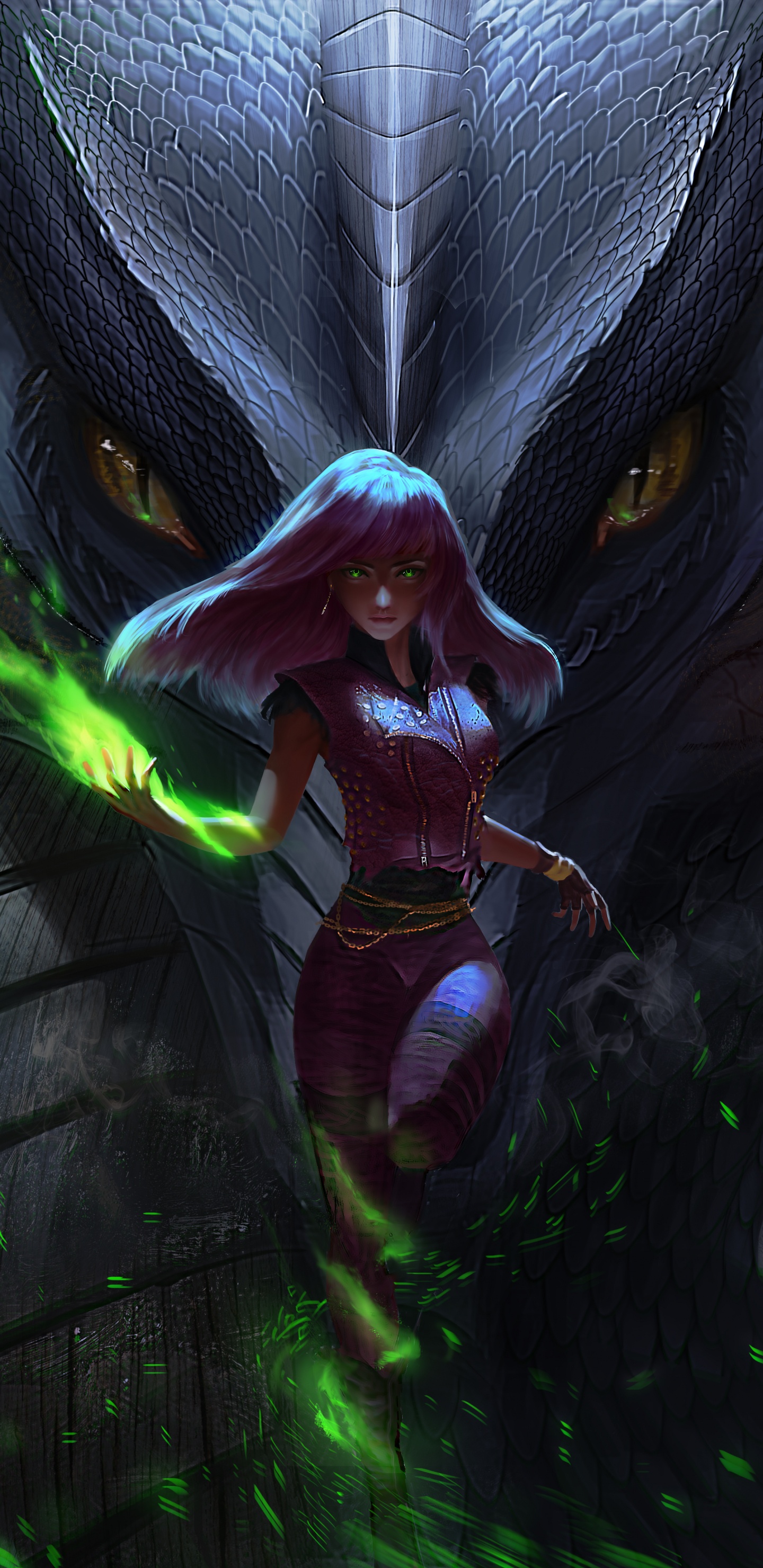 Dragón Con Alas Verdes Ilustración. Wallpaper in 1440x2960 Resolution