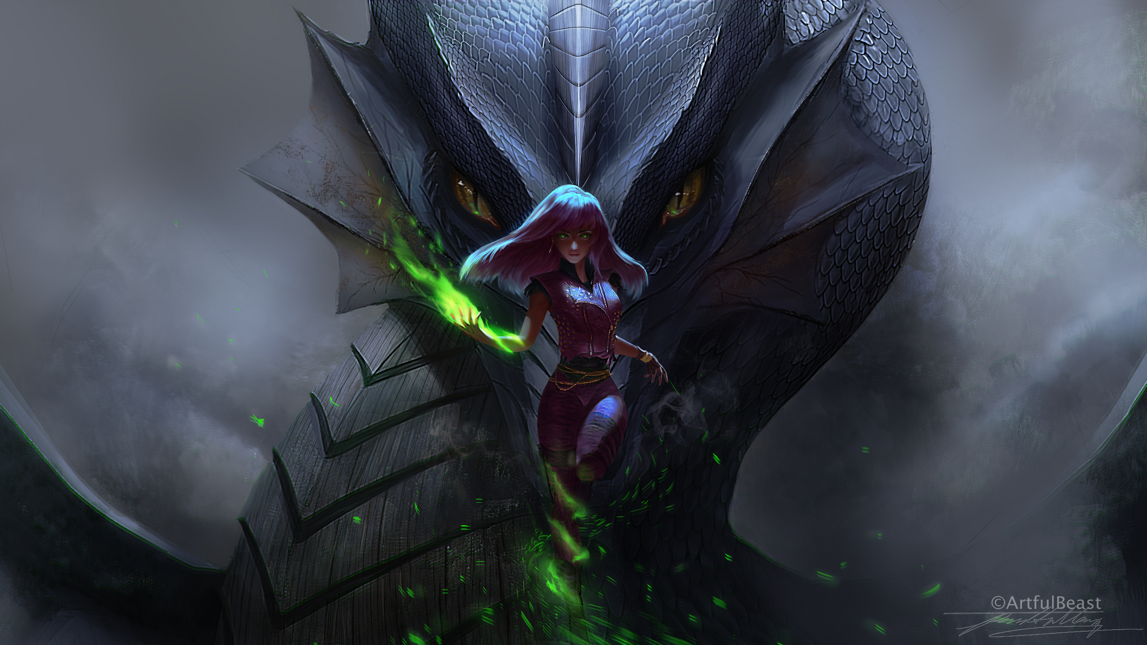 Dragón Con Alas Verdes Ilustración. Wallpaper in 3840x2160 Resolution