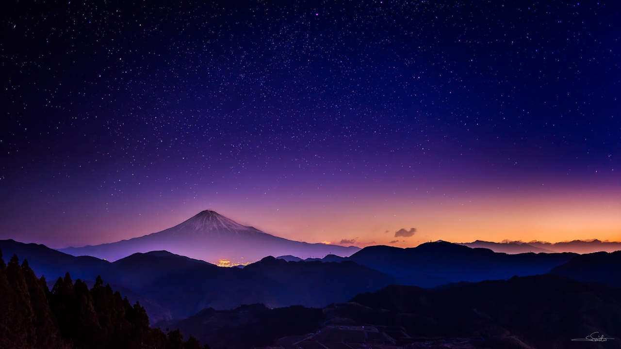 日落, 夜晚的天空, 明星, 性质, 山脉 壁纸 1280x720 允许