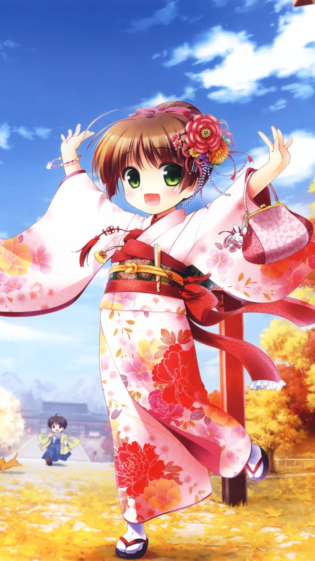 Girl in White and Red Kimono Holding Umbrella Illustration. Wallpaper in 1080x1920 Resolution