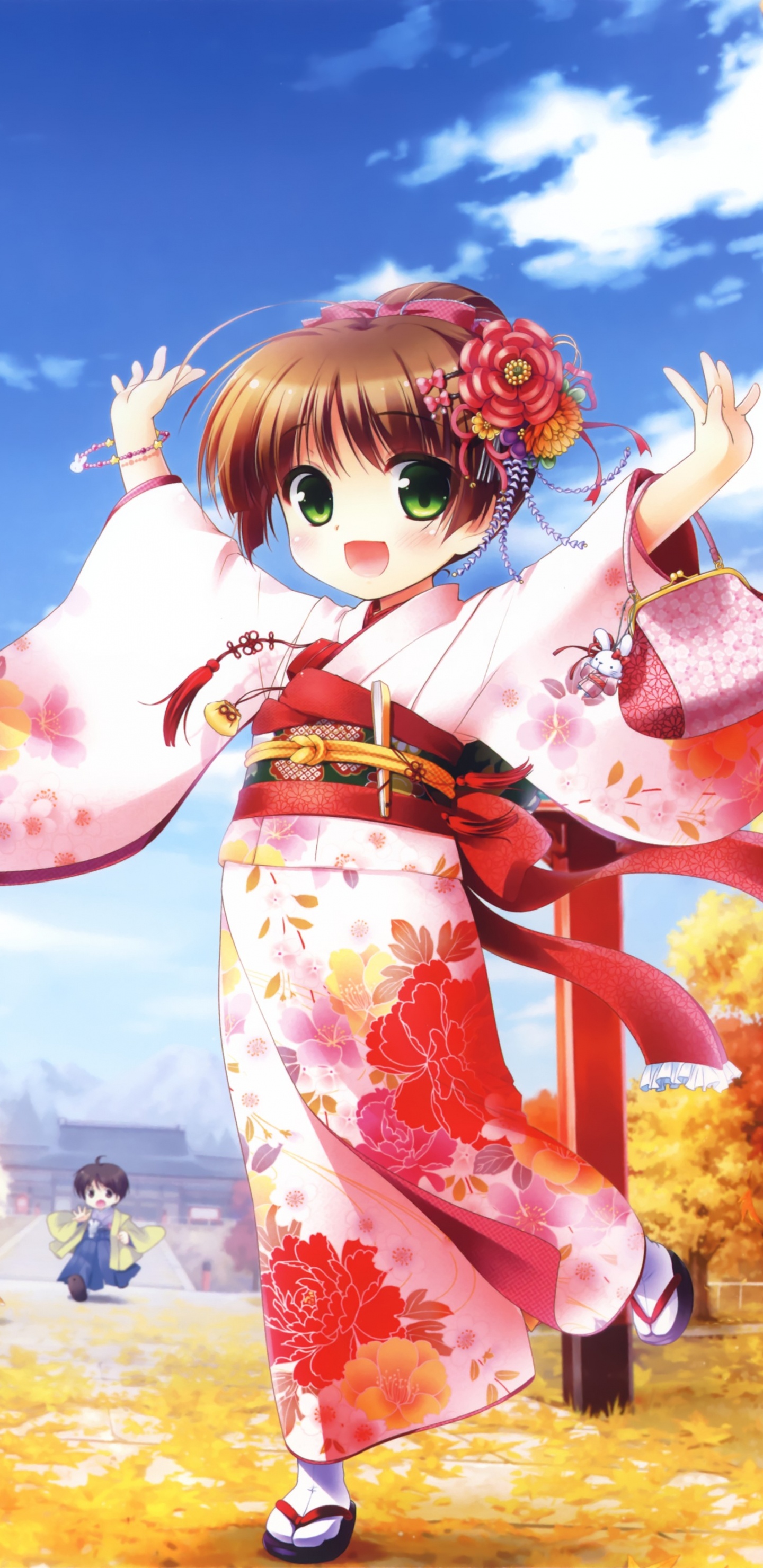 Girl in White and Red Kimono Holding Umbrella Illustration. Wallpaper in 1440x2960 Resolution