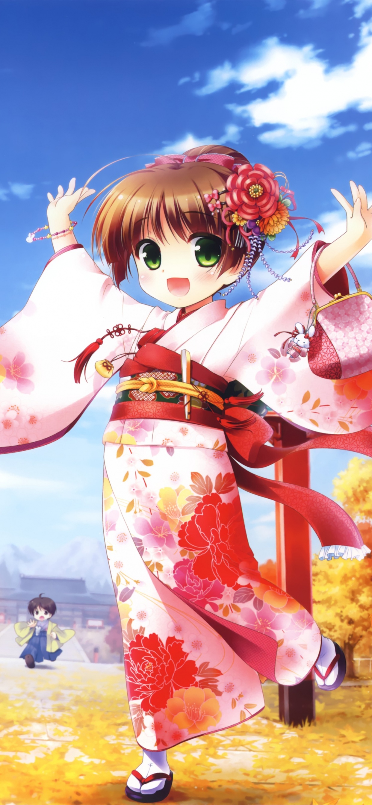 Fille en Kimono Blanc et Rouge Tenant Une Illustration de Parapluie. Wallpaper in 1242x2688 Resolution