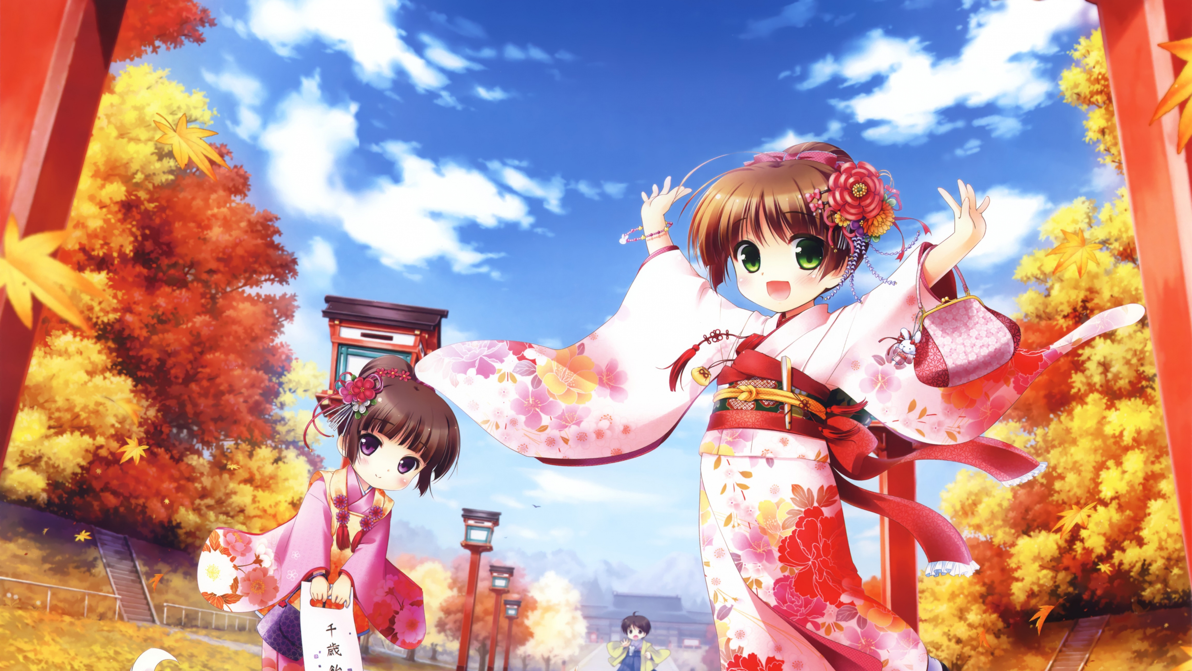 Fille en Kimono Blanc et Rouge Tenant Une Illustration de Parapluie. Wallpaper in 3840x2160 Resolution