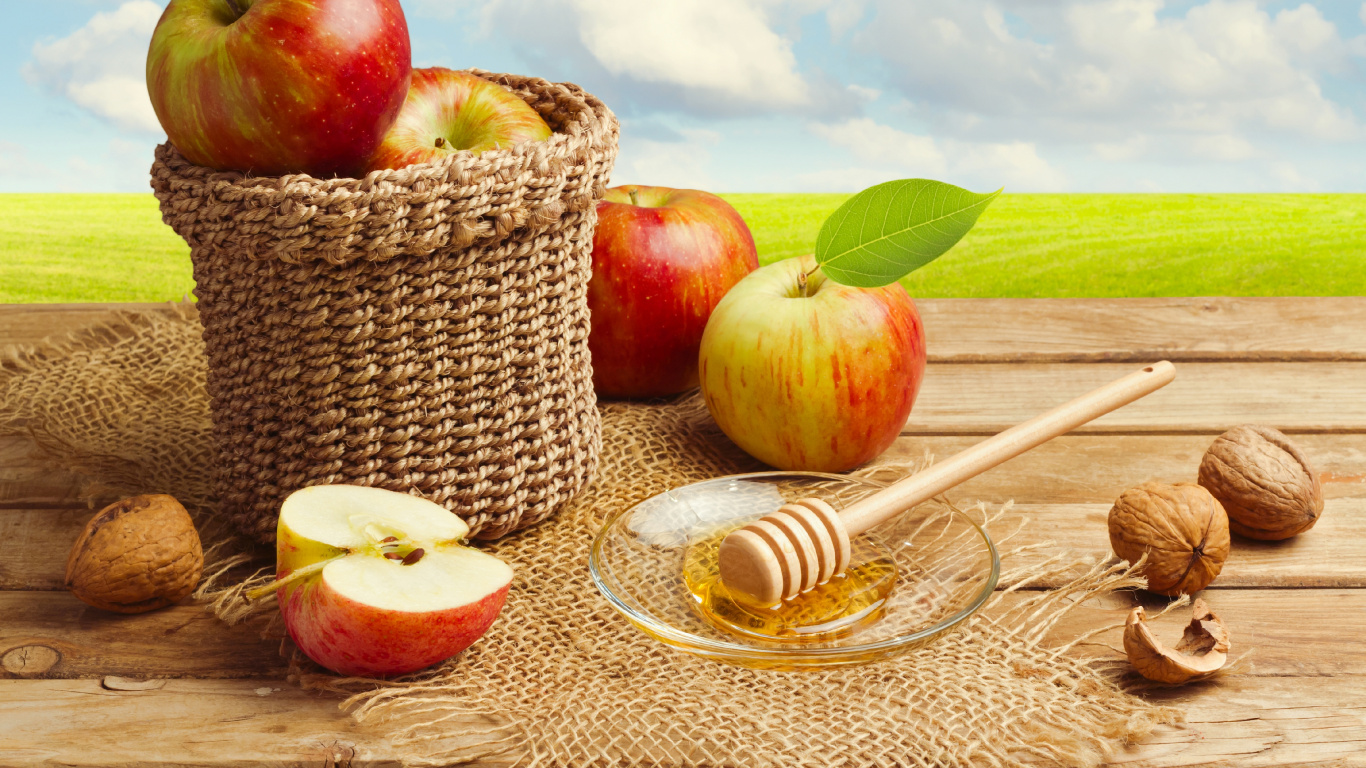 Red Apples on Brown Woven Basket. Wallpaper in 1366x768 Resolution