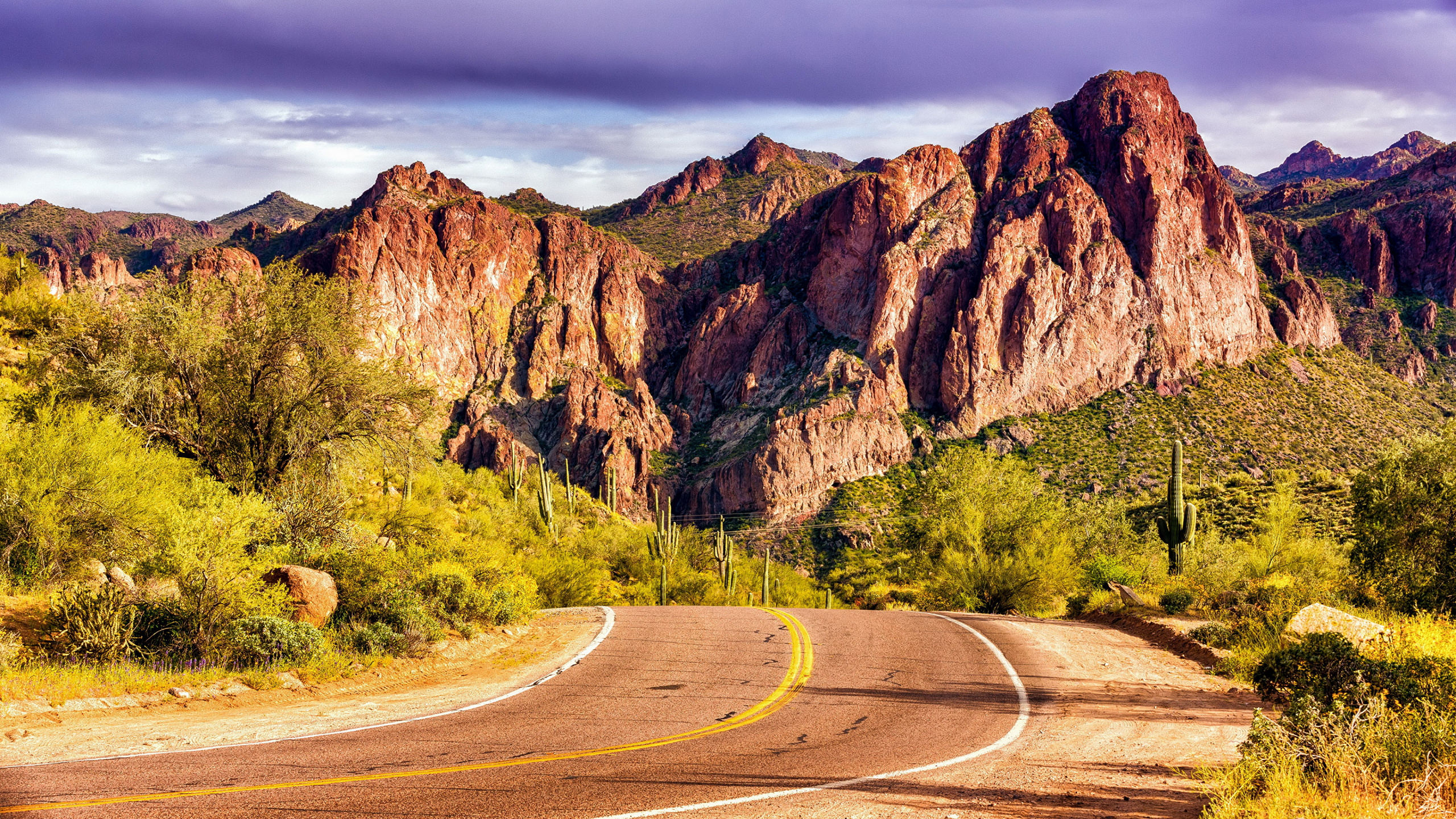 Gray Asphalt Road Near Brown Rock Mountain During Daytime. Wallpaper in 2560x1440 Resolution
