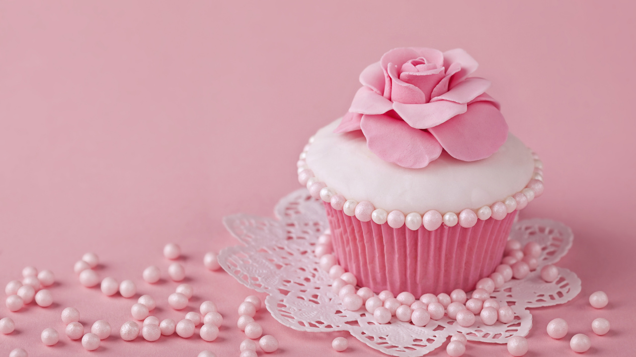 Pink Rose on Pink Cupcake. Wallpaper in 1280x720 Resolution