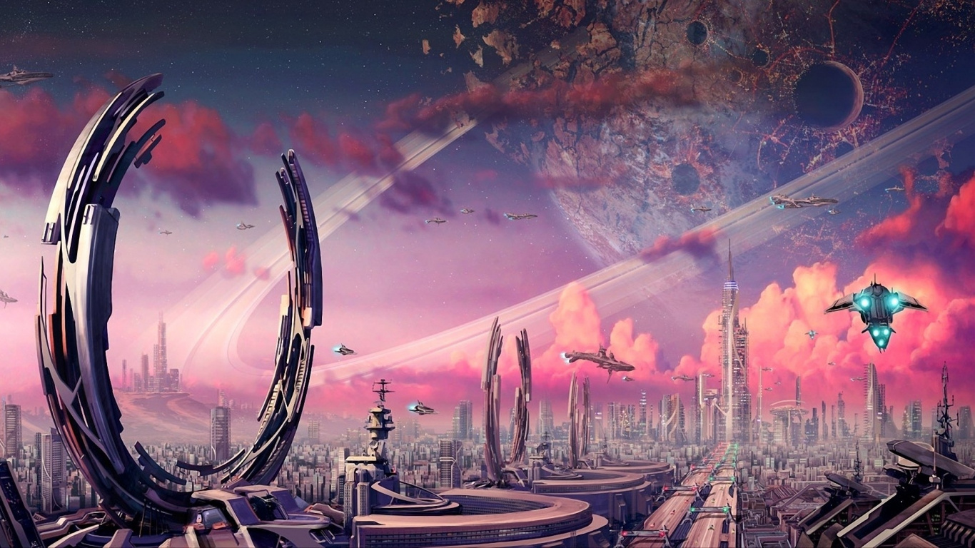 Skyline Der Stadt Mit Nachts Eingeschalteten Lichtern. Wallpaper in 1366x768 Resolution