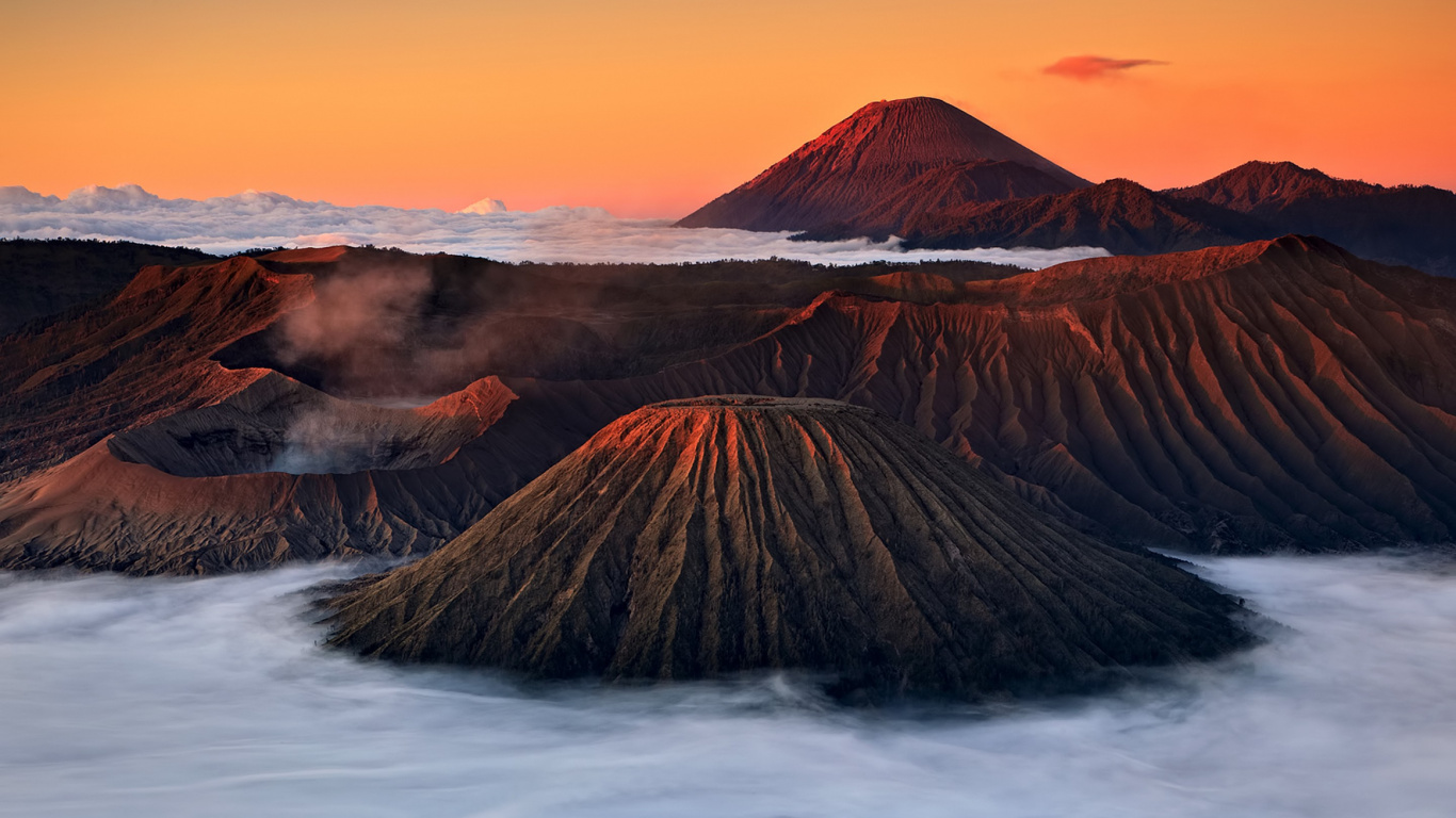 山溴, 塞梅鲁, 静, 成层, 火山的地貌 壁纸 1366x768 允许
