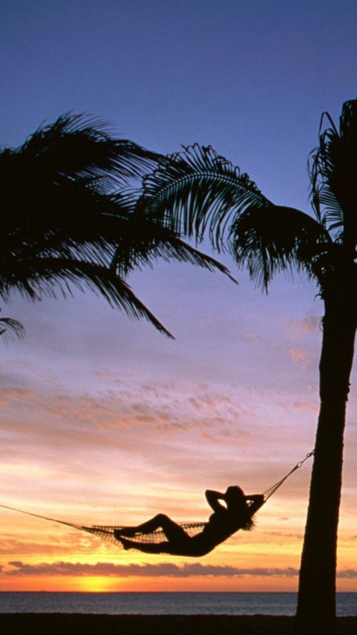 Silhouette de Femme Assise Sur un Hamac Près de la Plage Pendant le Coucher du Soleil. Wallpaper in 720x1280 Resolution