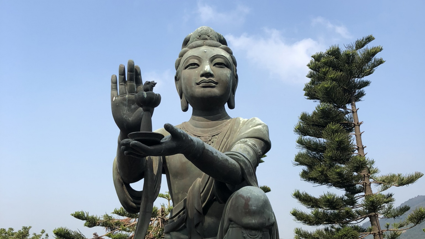 Hong Kong, Tian Tan Buddha, Statue, Head, Nature. Wallpaper in 1366x768 Resolution