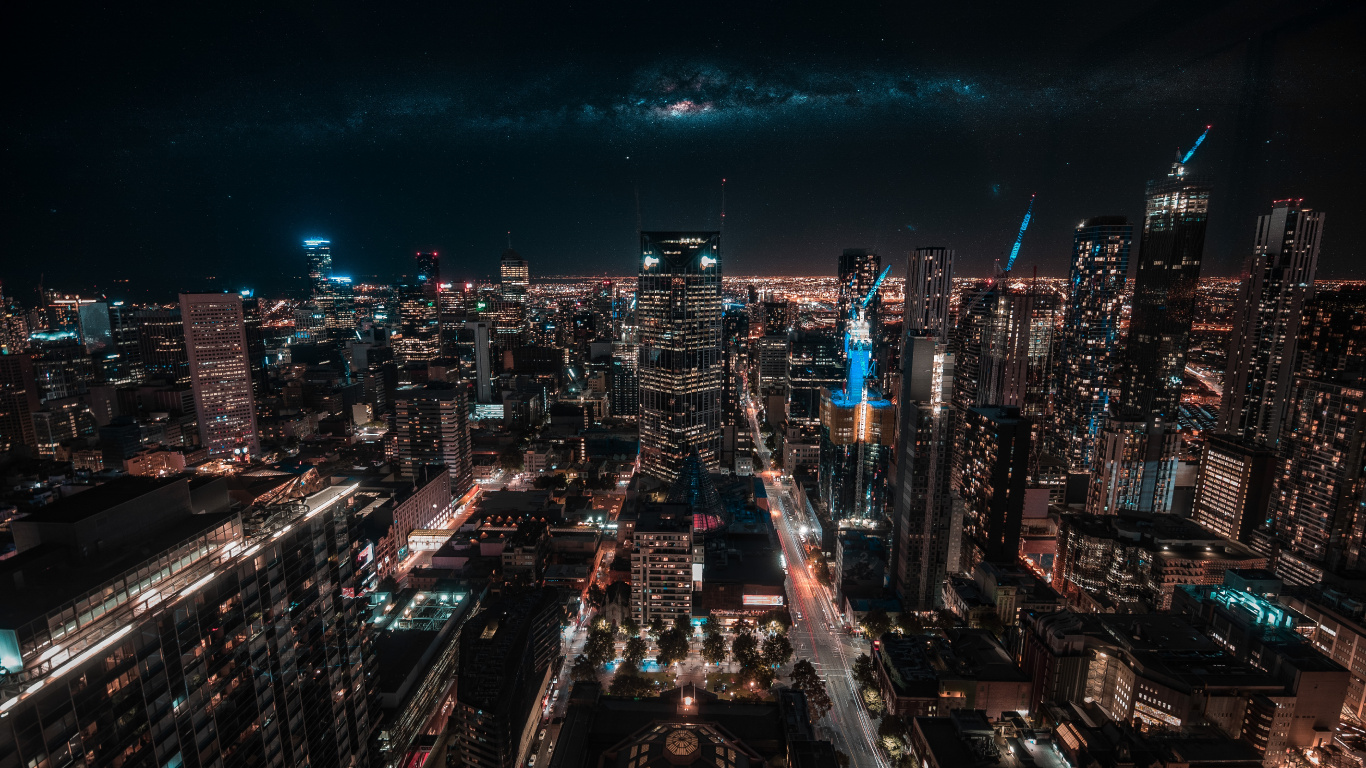 Aerial View of City Buildings During Night Time. Wallpaper in 1366x768 Resolution