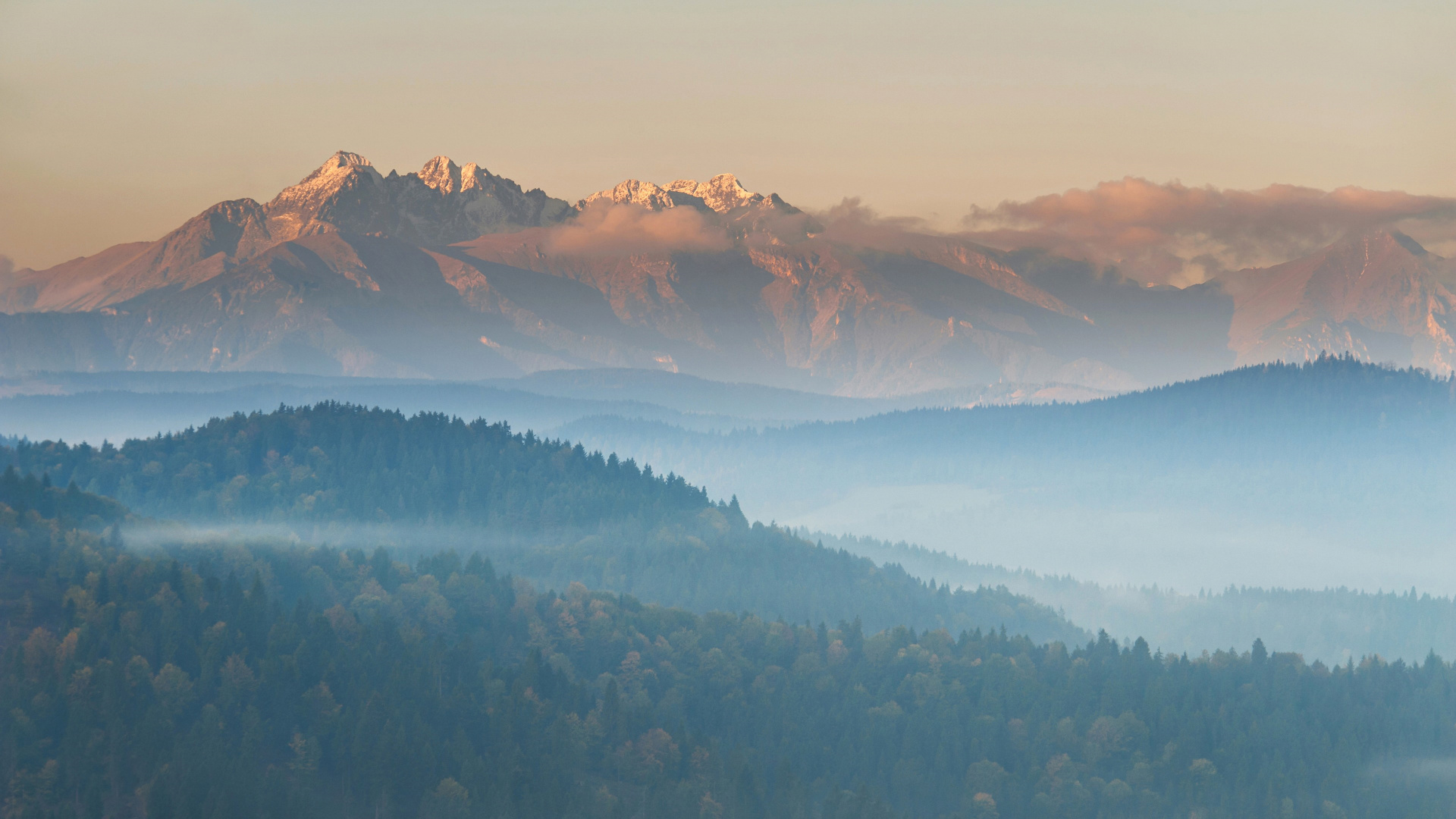 山脉, 雾, 多山的地貌, 早上, 黎明 壁纸 1920x1080 允许