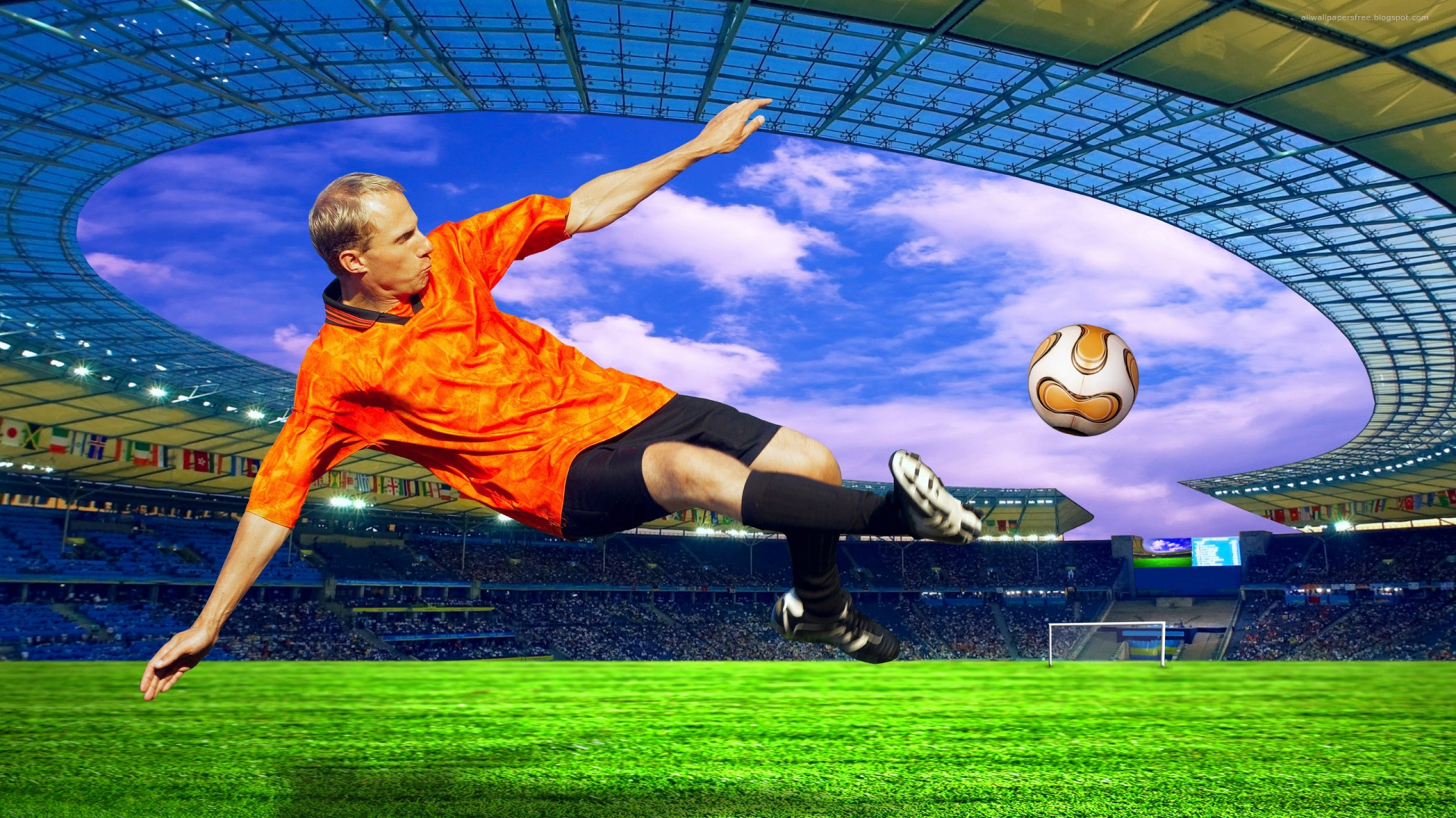 Mann in Orangefarbenem Nike-Fußball-Trikot Und Schwarzen Shorts Beim Fußballspielen. Wallpaper in 1920x1080 Resolution