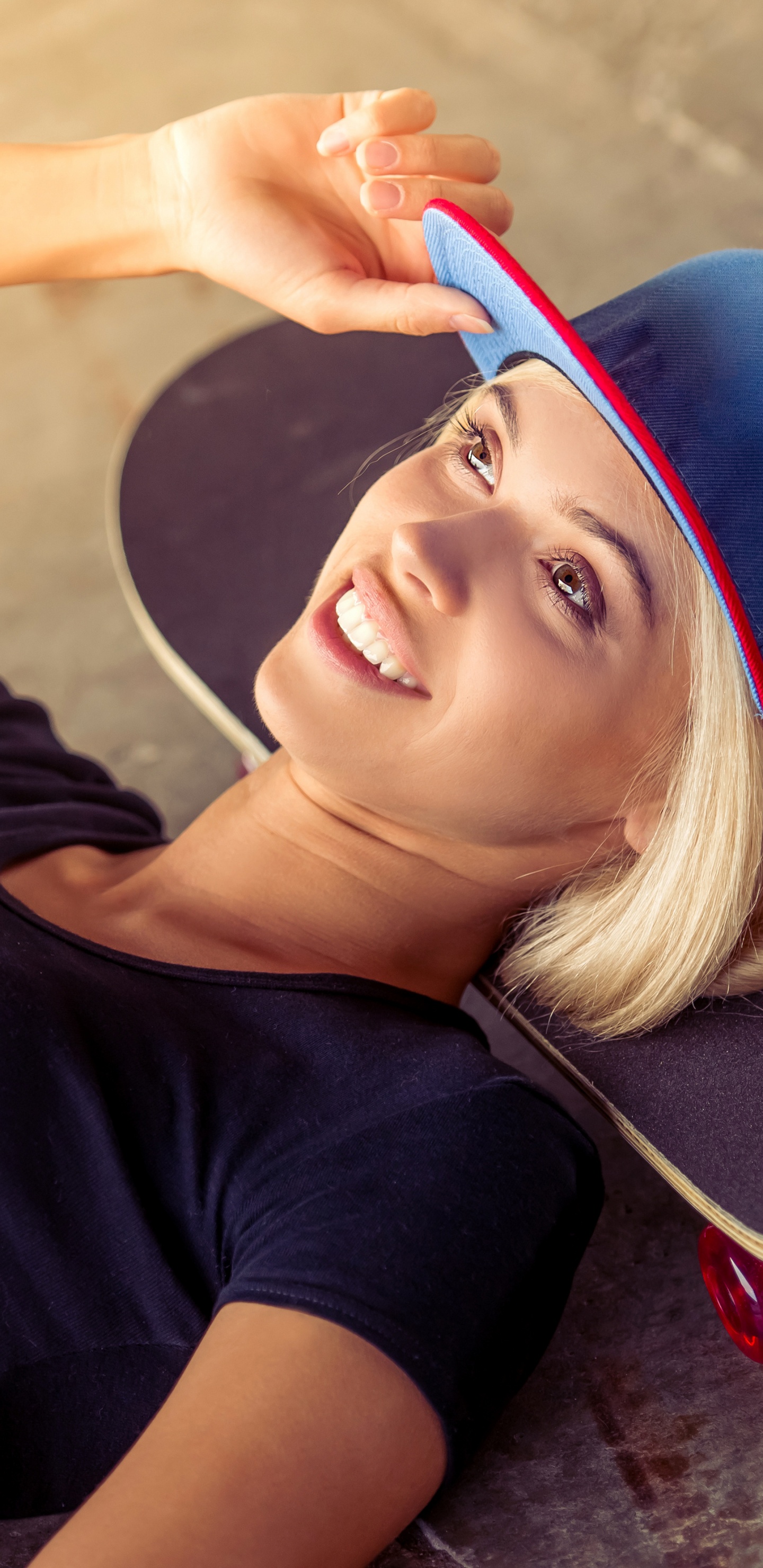 Woman in Black Tank Top and Blue Knit Cap. Wallpaper in 1440x2960 Resolution