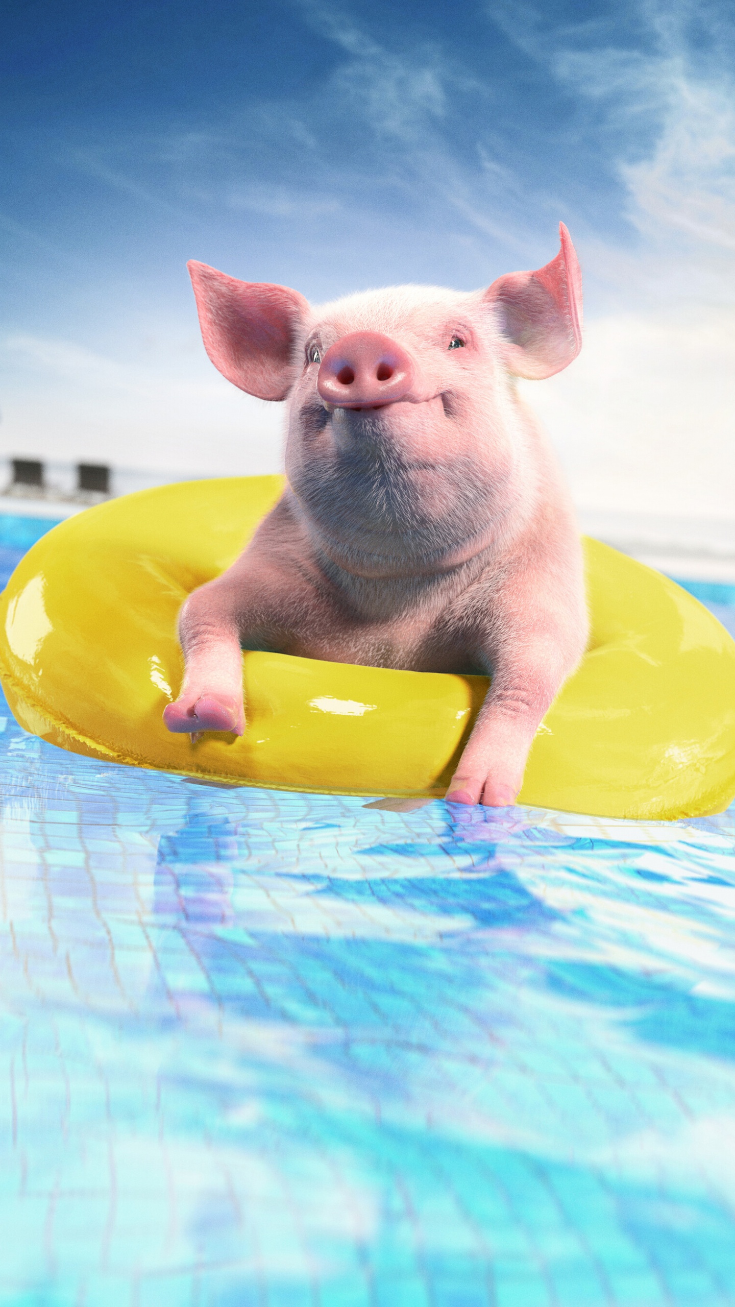 White Pig on Yellow Inflatable Ring. Wallpaper in 1440x2560 Resolution