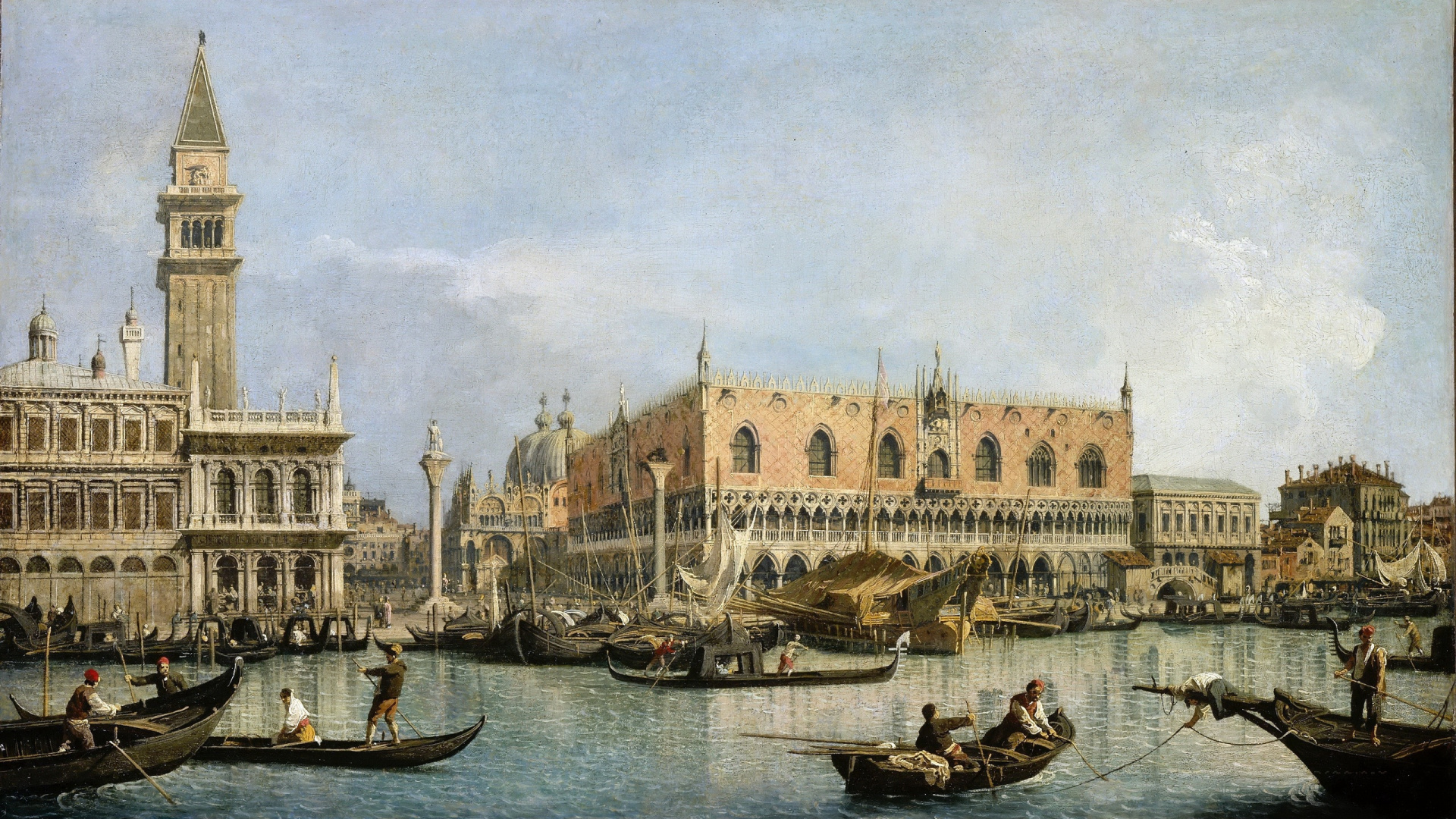 San Marco Basin, Painting, Waterway, Gondola, Canal. Wallpaper in 1920x1080 Resolution