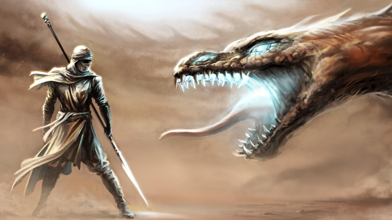 Man in Black and White Suit Holding Sword Standing Beside Blue and White Dragon. Wallpaper in 1366x768 Resolution
