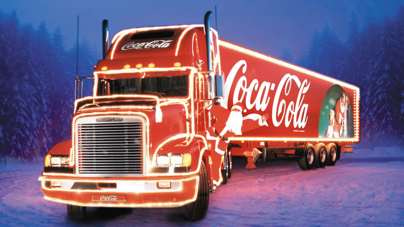 Rot-weißer Coca-Cola-Truck. Wallpaper in 1366x768 Resolution