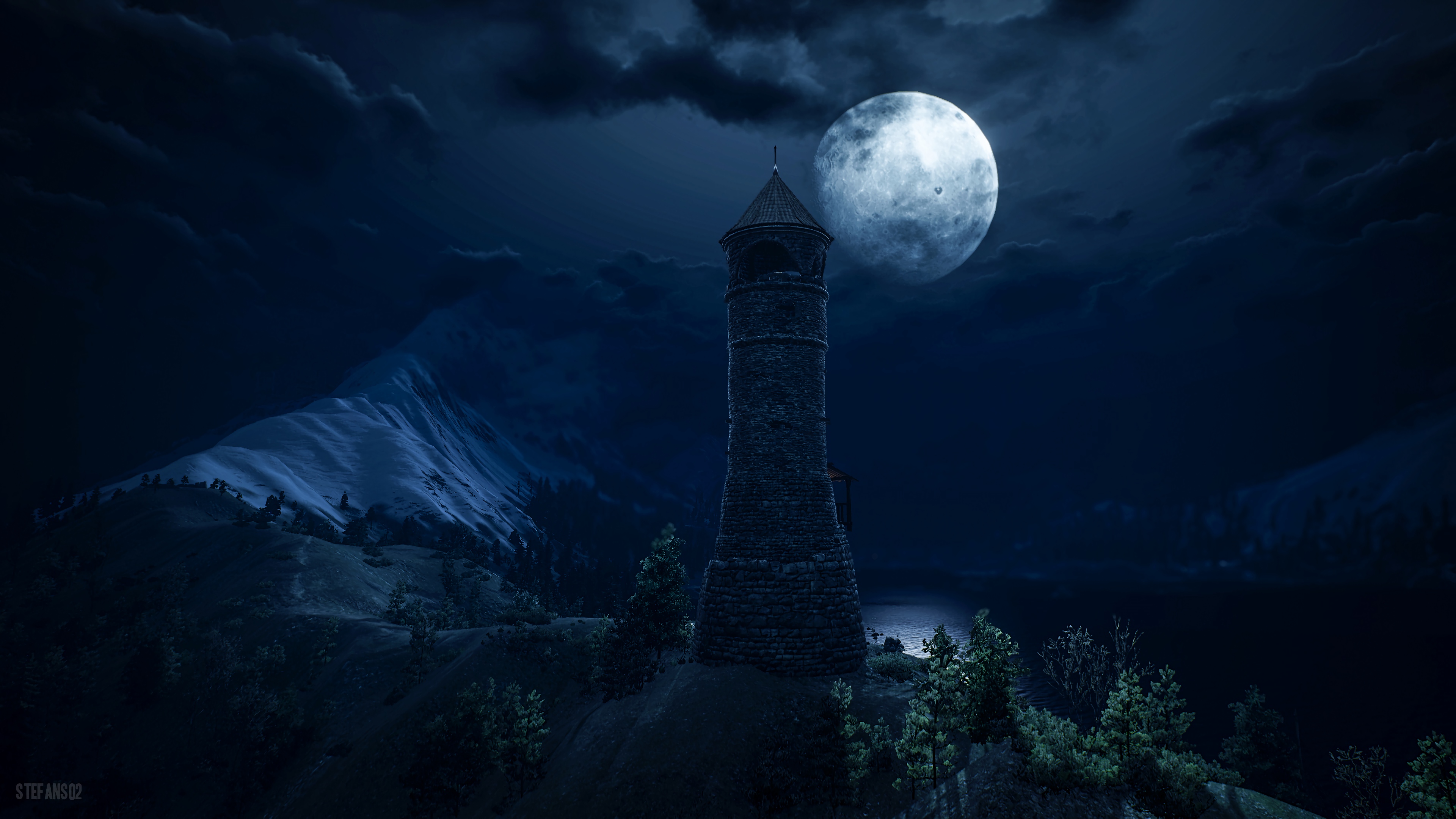 Gray Concrete Tower Near Trees Under Full Moon. Wallpaper in 3840x2160 Resolution