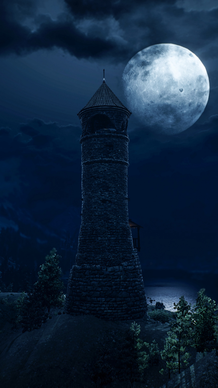 Gray Concrete Tower Near Trees Under Full Moon. Wallpaper in 750x1334 Resolution