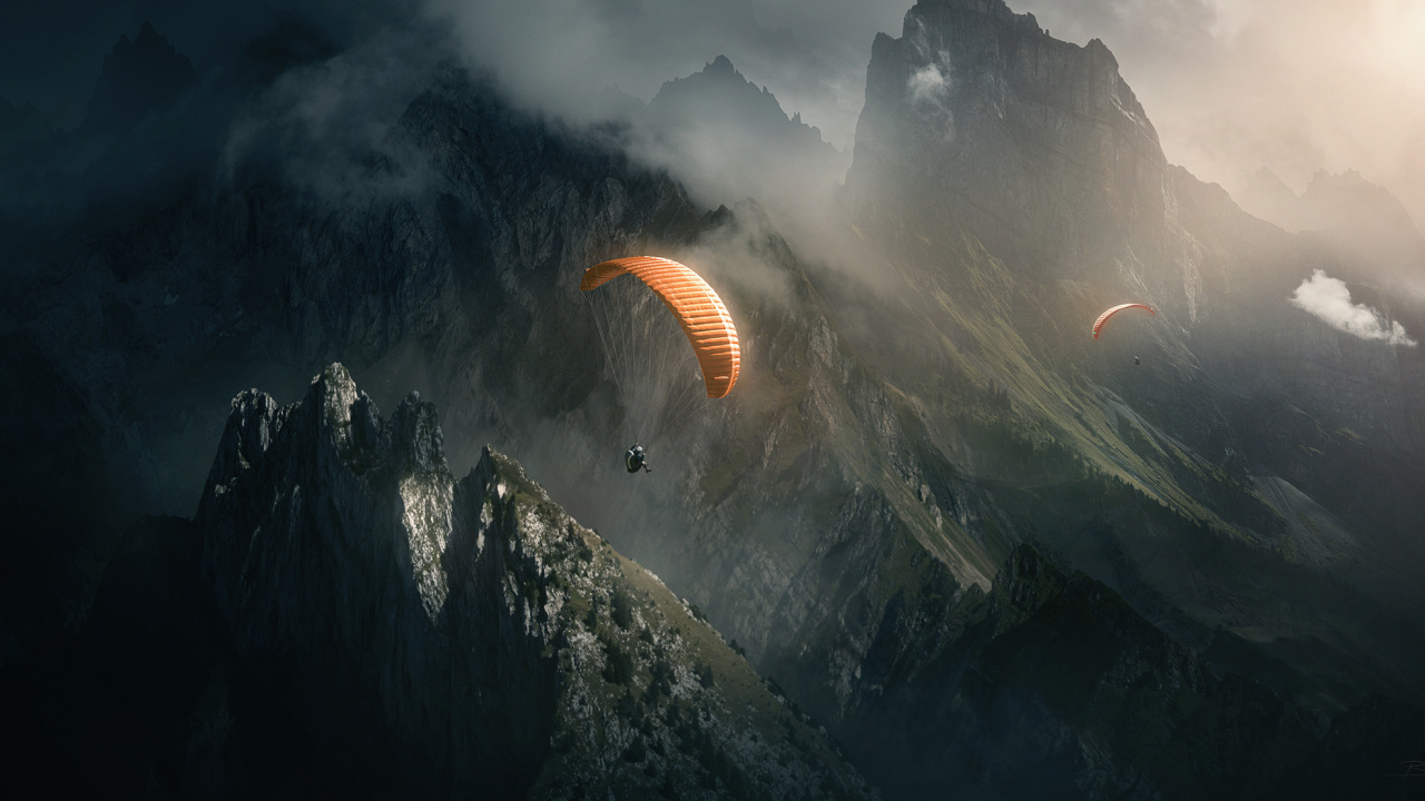 Person in Orange Parachute Over Mountain. Wallpaper in 1280x720 Resolution