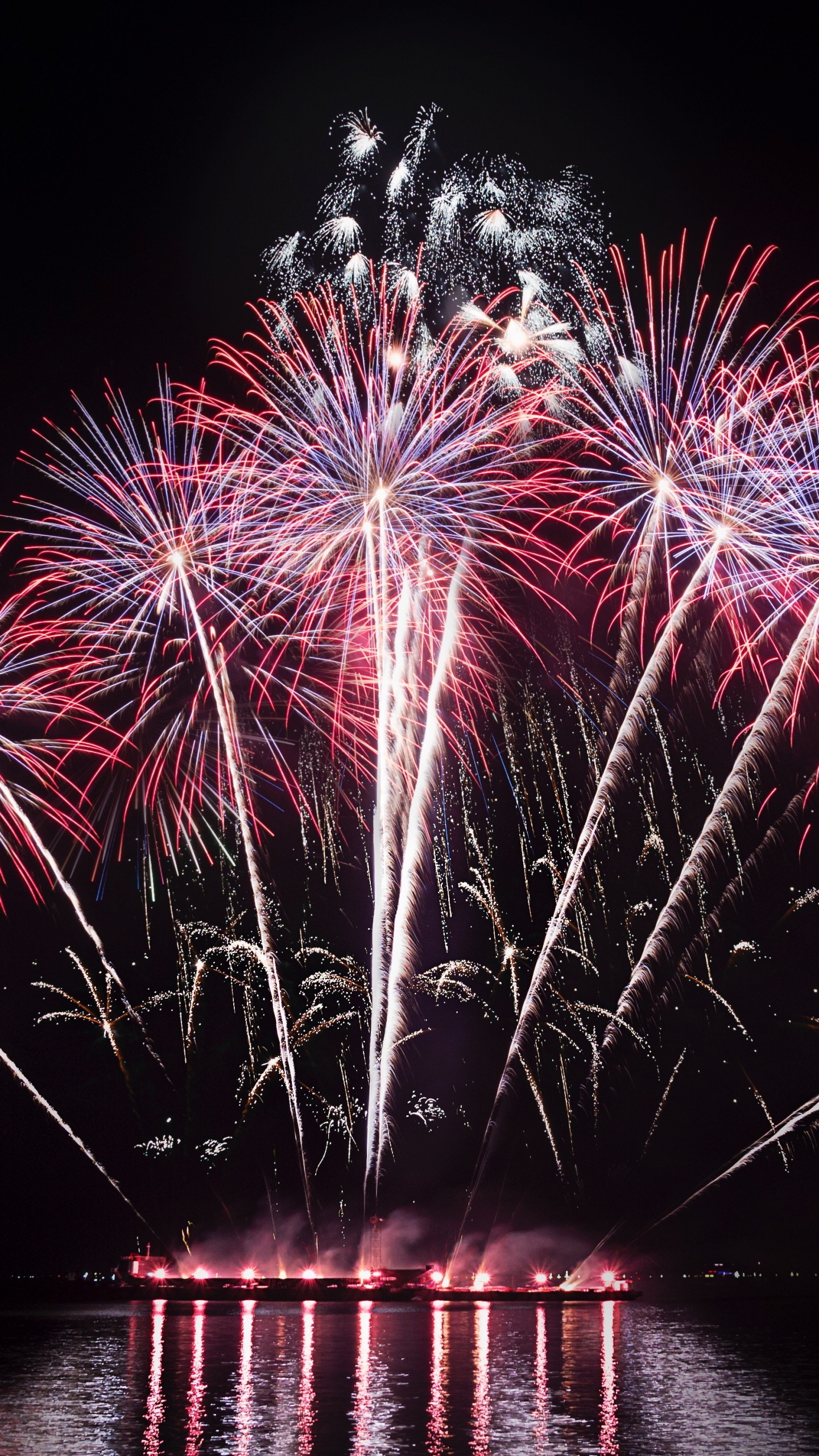 Fireworks, Night, Nature, Reflection, New Years Day. Wallpaper in 1440x2560 Resolution