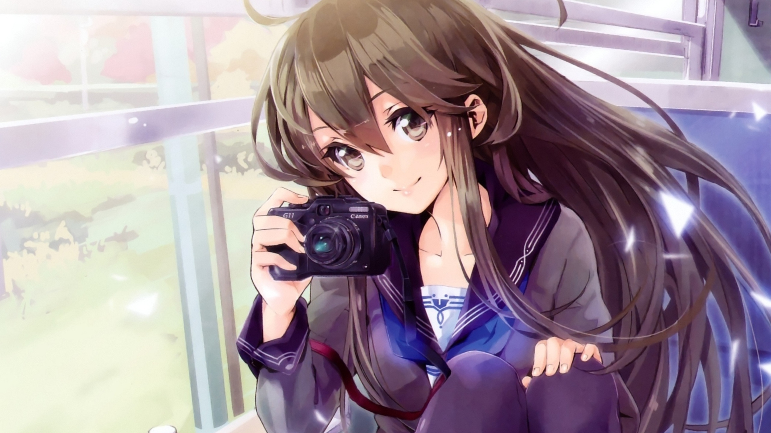 Woman in White Dress Holding Camera Anime Character. Wallpaper in 2560x1440 Resolution