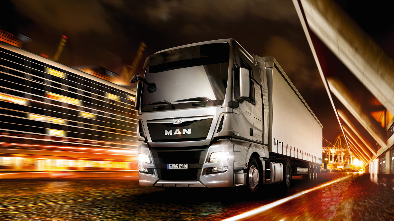Camion Mercedes Benz Blanc Sur Route Pendant la Nuit. Wallpaper in 1366x768 Resolution