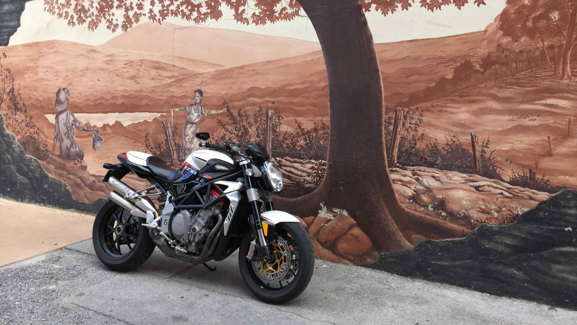 Moto Noir et Blanc Garée à Côté de L'arbre Brun. Wallpaper in 1920x1080 Resolution