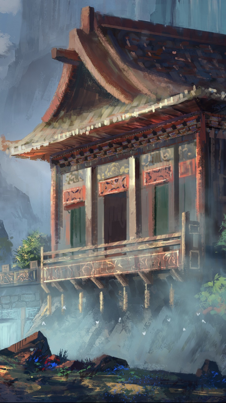 Casa de Madera Marrón Cerca de Las Cascadas de Agua. Wallpaper in 750x1334 Resolution