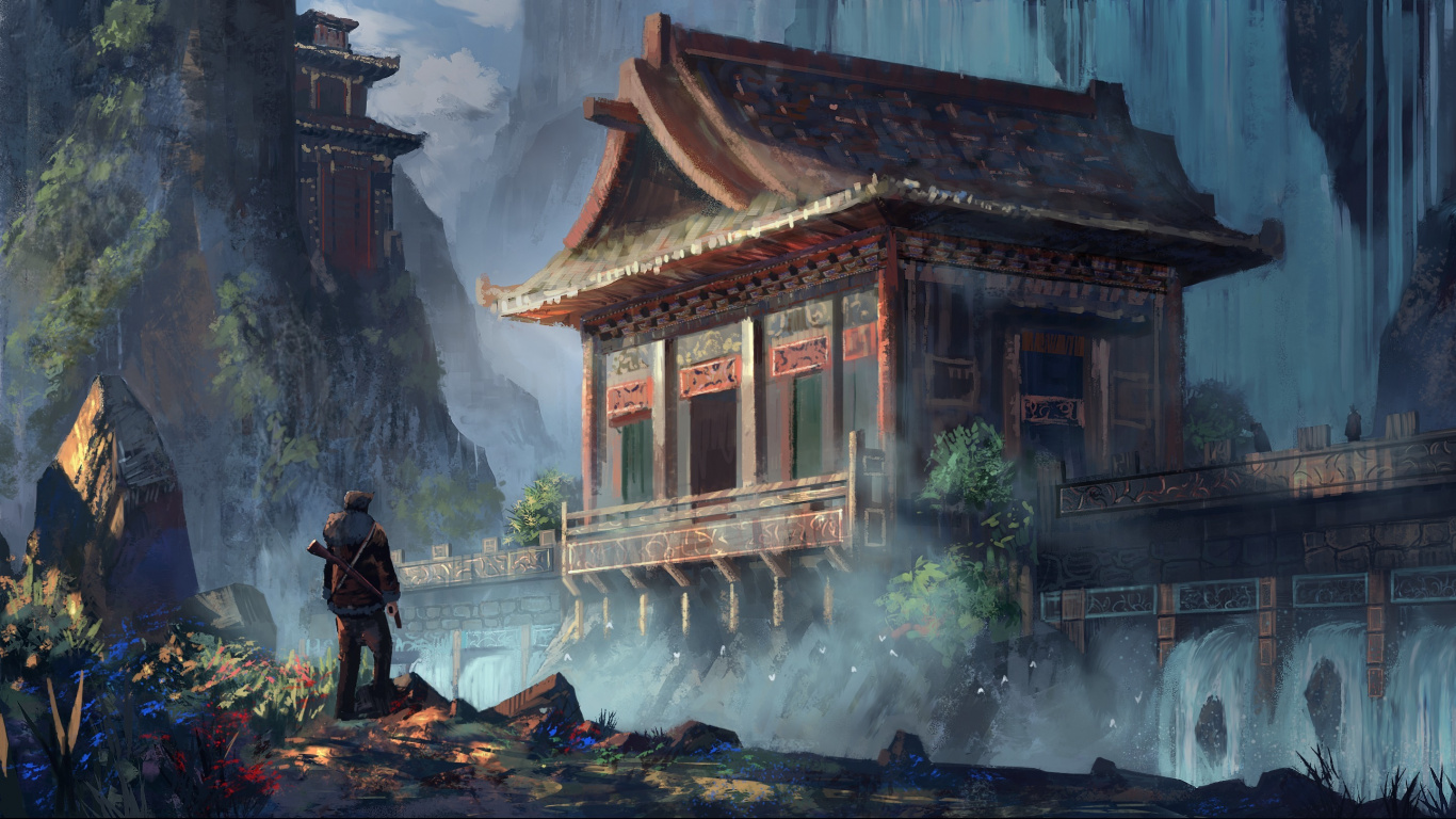 Brown Wooden House Near Water Falls. Wallpaper in 1366x768 Resolution