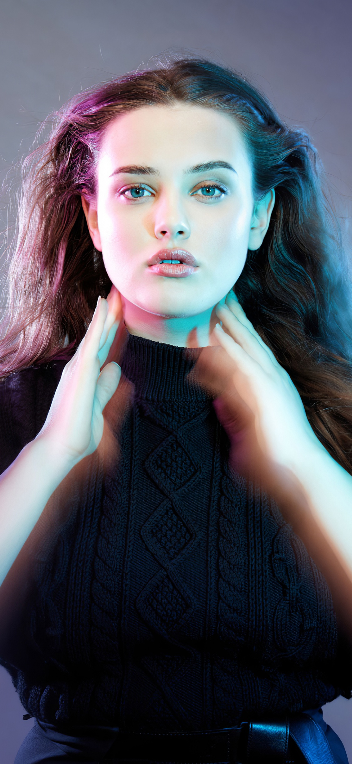 Katherine Langford, Hannah Baker, Hair, Face, Purple. Wallpaper in 1125x2436 Resolution