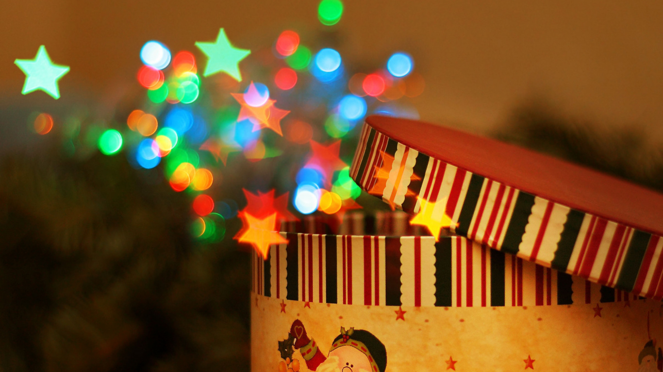 Licht, Überraschung, Weihnachtsdekoration, Weihnachtsgeschenk, Geschenk. Wallpaper in 1366x768 Resolution