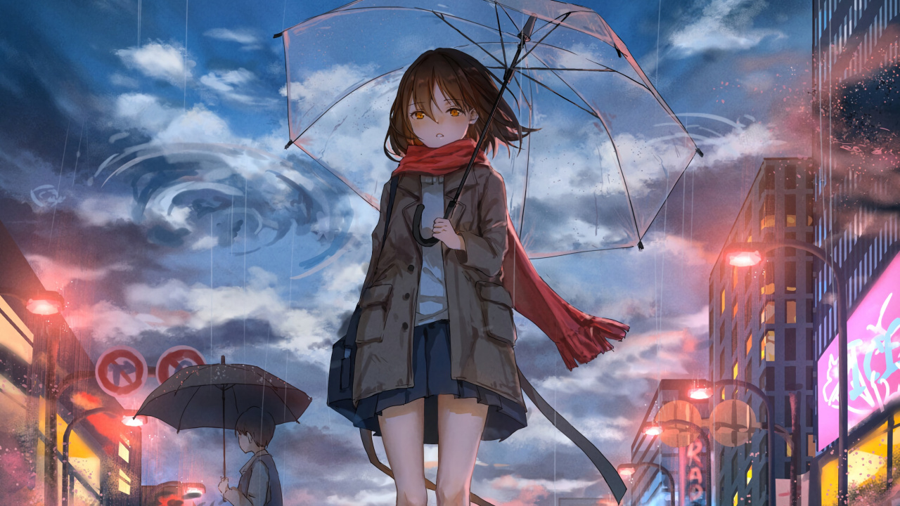 Frau im Braunen Mantel Mit Regenschirm Steht Auf Der Straße. Wallpaper in 1280x720 Resolution