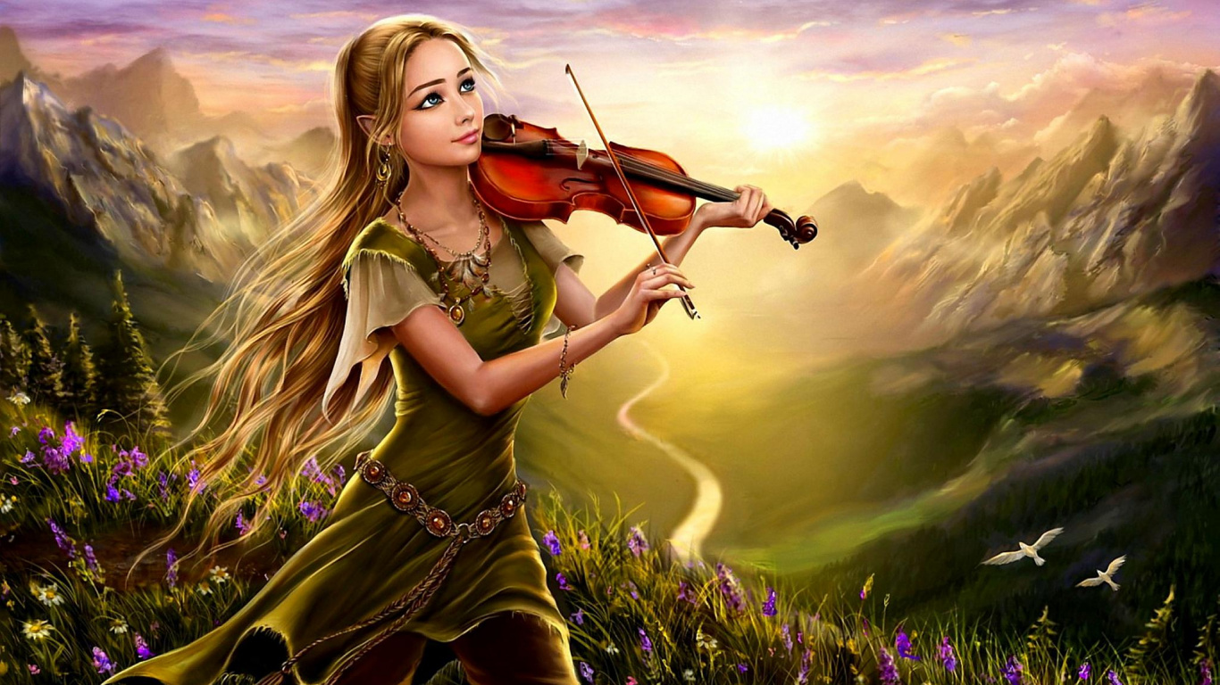 Femme en Robe Verte Jouant du Violon. Wallpaper in 1366x768 Resolution
