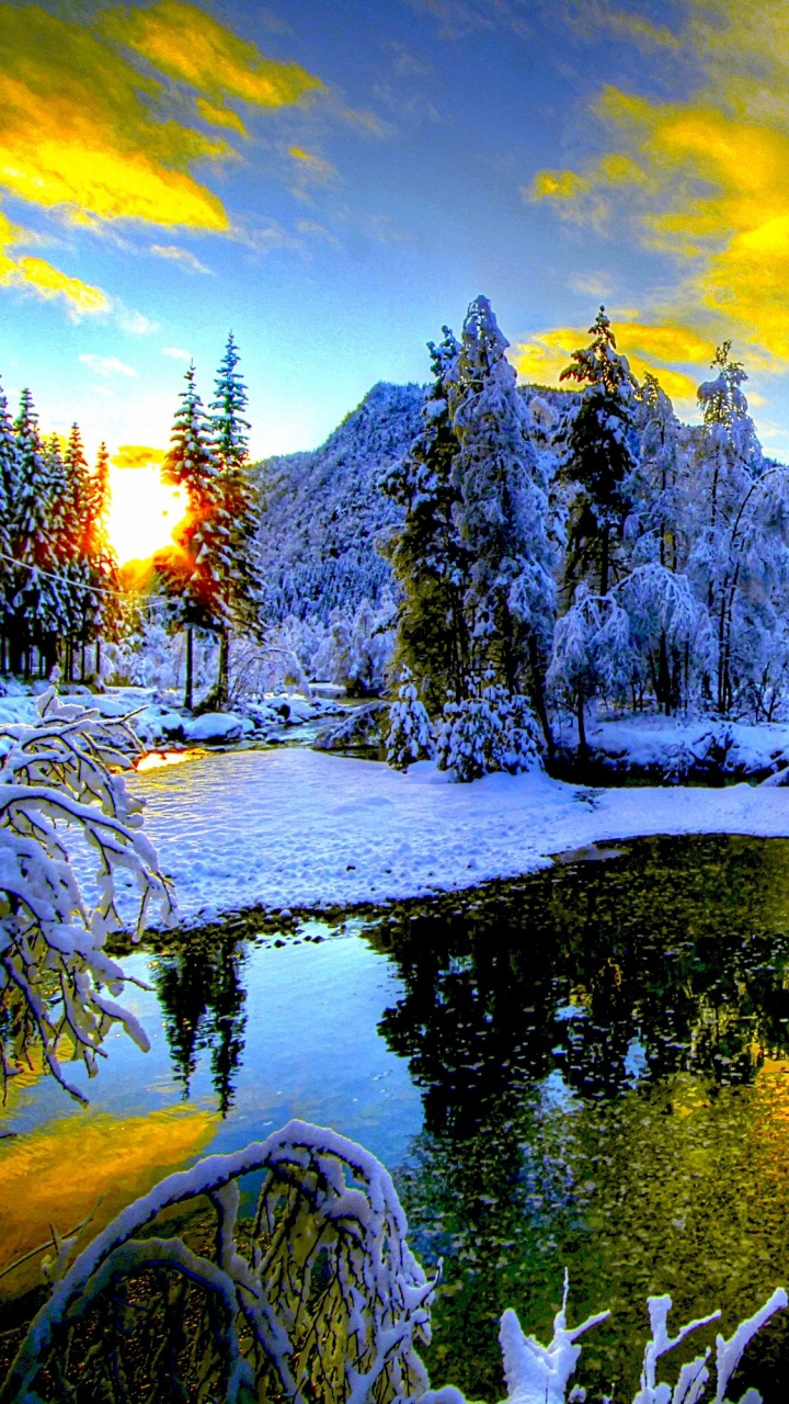 Snow Covered Trees and Mountain During Sunset. Wallpaper in 720x1280 Resolution