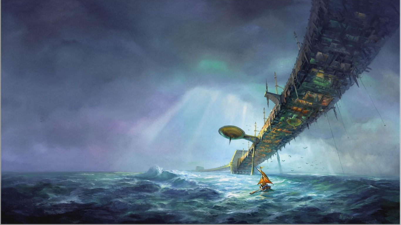 Brown Sail Ship on Sea Painting. Wallpaper in 1366x768 Resolution