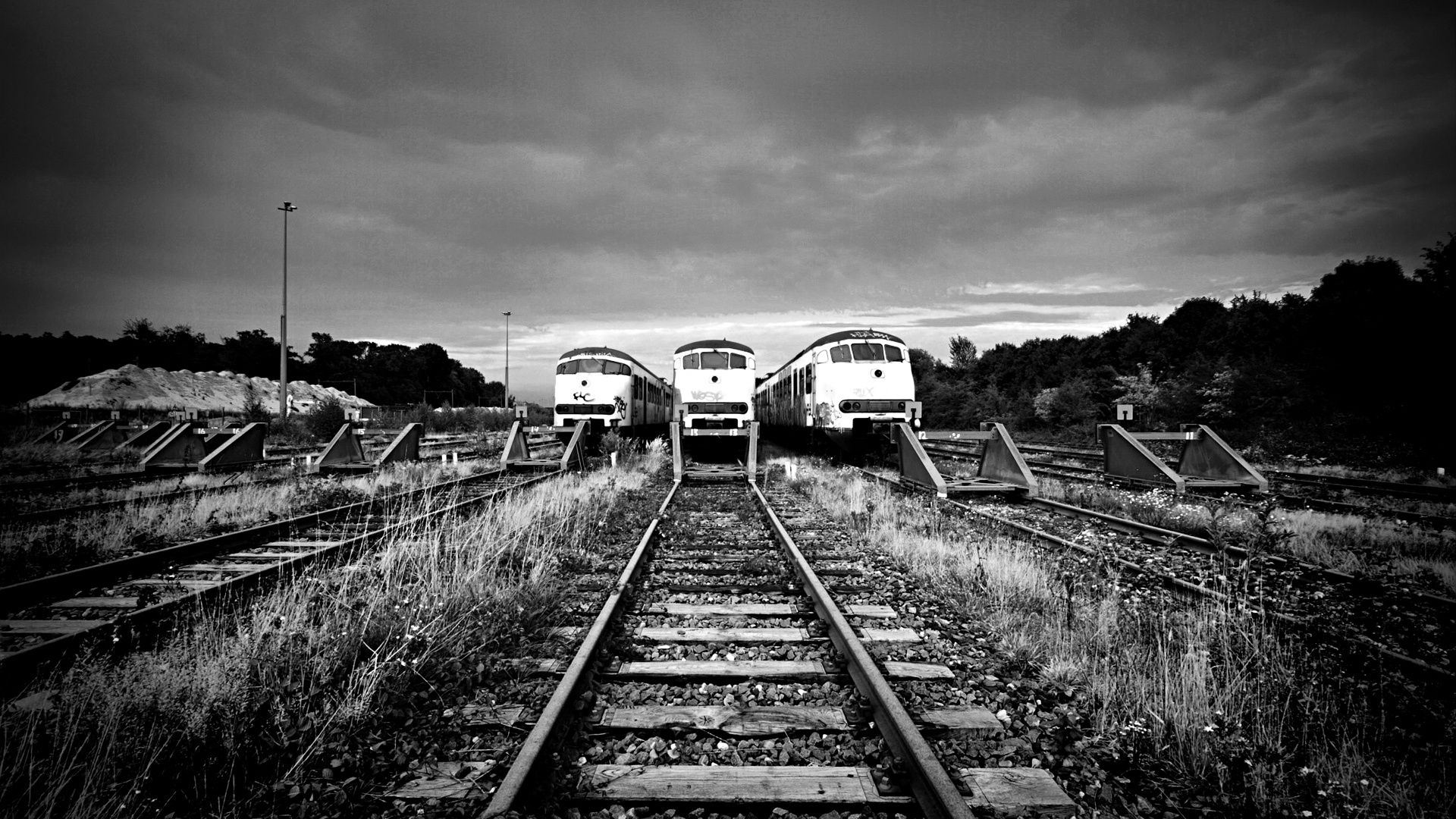 Grayscale Photo of Train Rail. Wallpaper in 1920x1080 Resolution