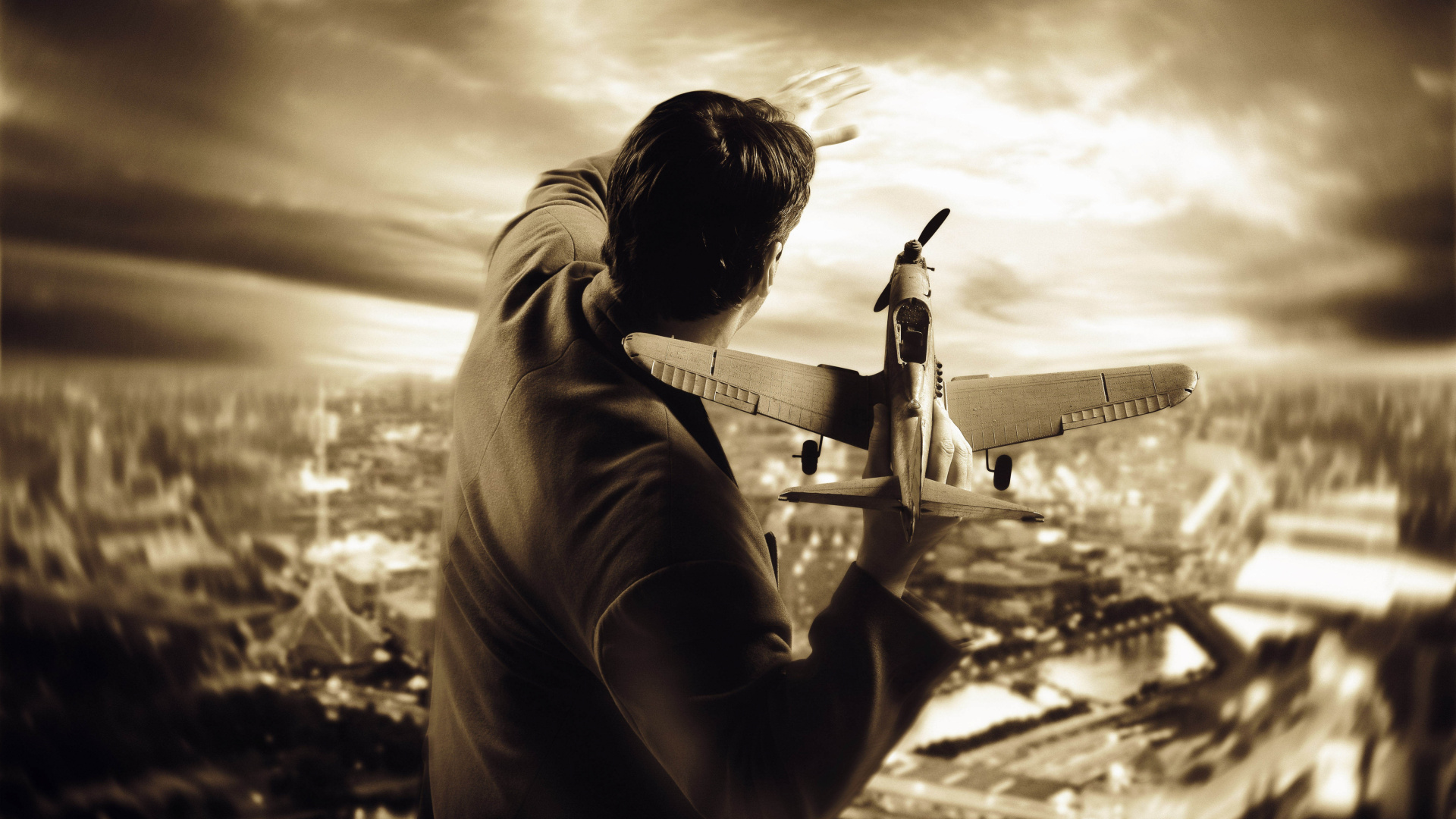 Man in Long Sleeve Shirt Holding Drone in Grayscale Photography. Wallpaper in 1920x1080 Resolution