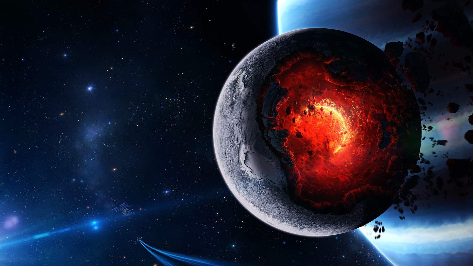 Red and Black Planet With Blue and White Stars. Wallpaper in 1920x1080 Resolution