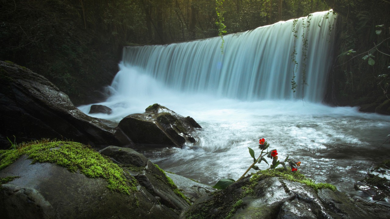 Person in Red Jacket and Black Pants Standing on Rock Near Waterfalls During Daytime. Wallpaper in 1280x720 Resolution