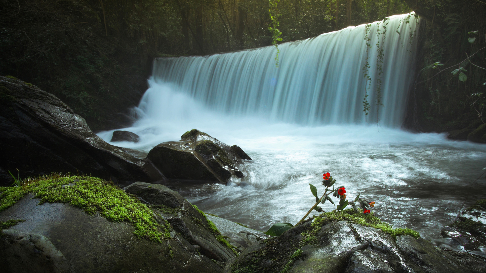Person in Red Jacket and Black Pants Standing on Rock Near Waterfalls During Daytime. Wallpaper in 1920x1080 Resolution