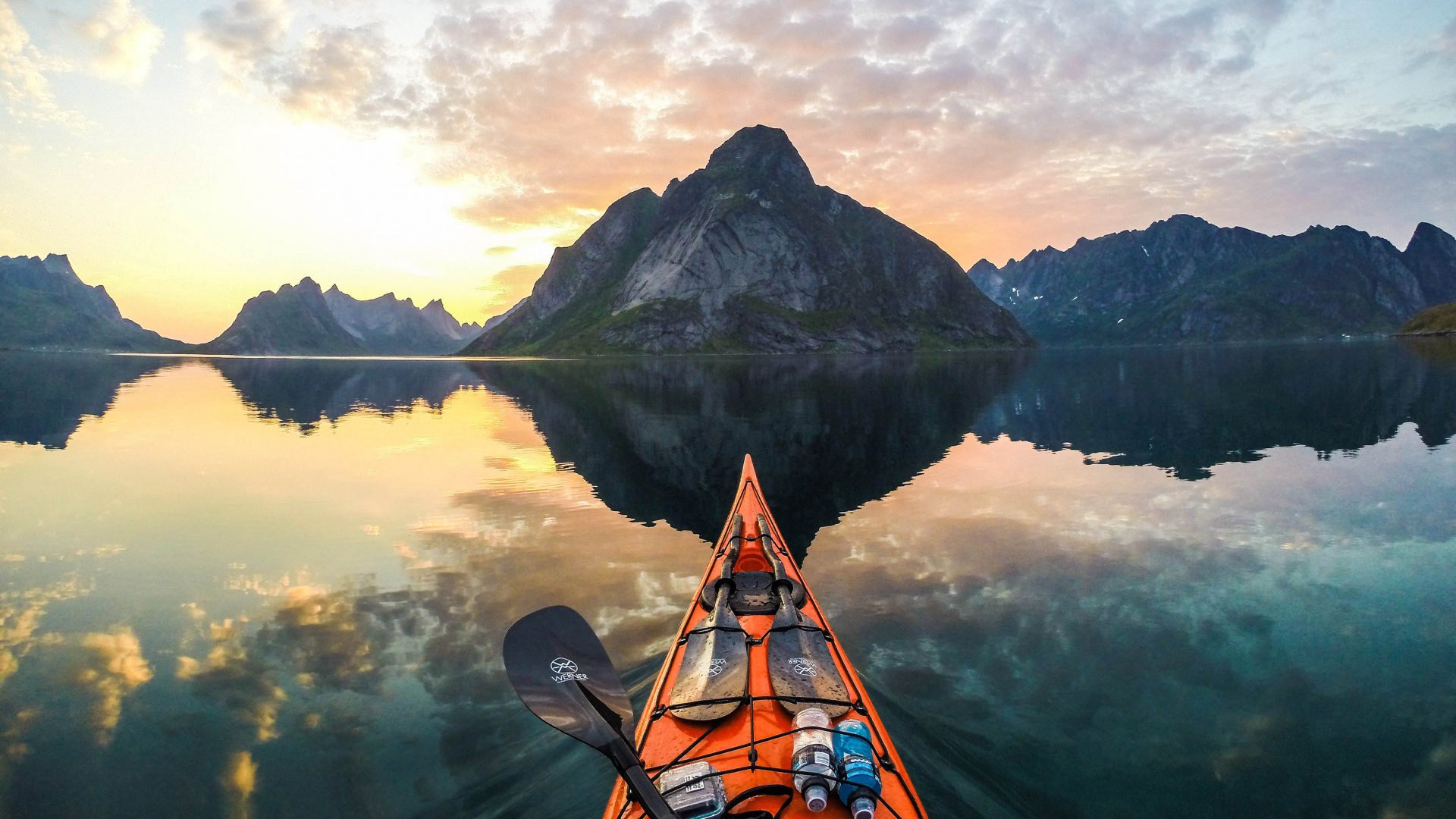 Orange Kayak on Lake Near Mountain Under White Clouds During Daytime. Wallpaper in 1920x1080 Resolution