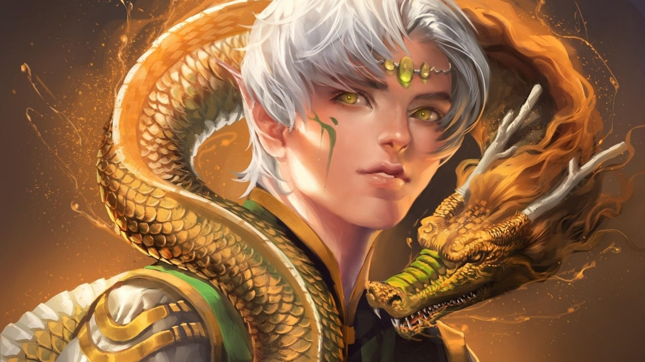 Frau im Schwarz-goldenen Kleid Anime-Charakter. Wallpaper in 1280x720 Resolution