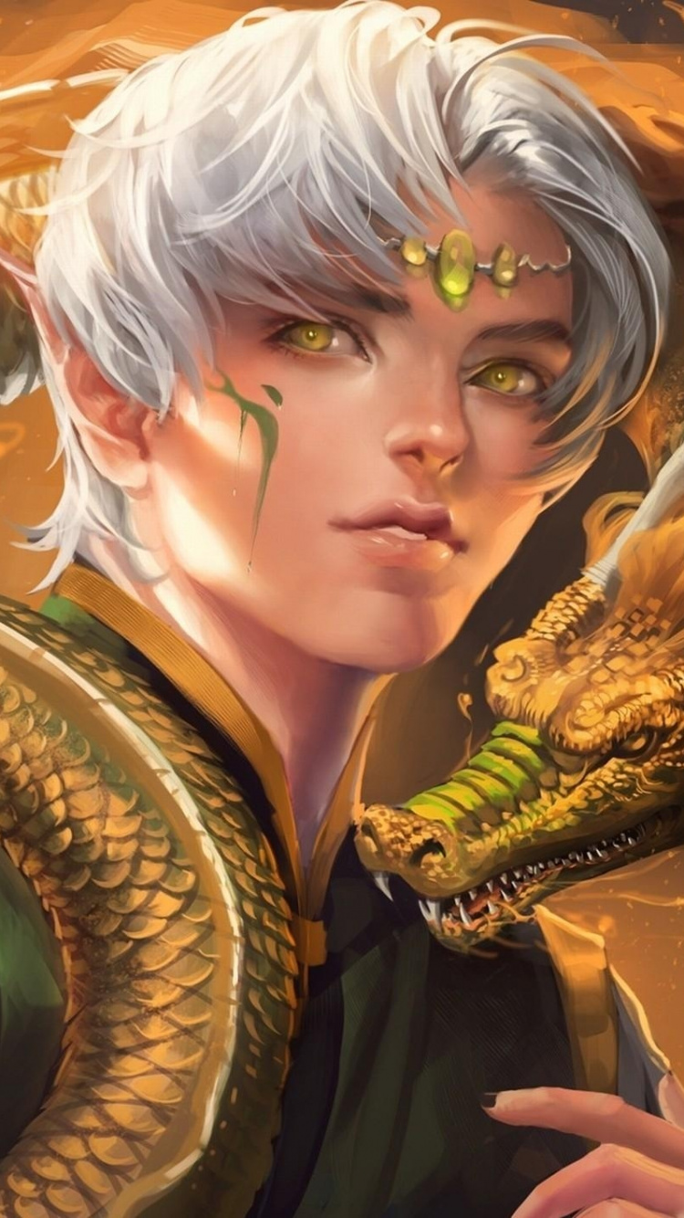 Frau im Schwarz-goldenen Kleid Anime-Charakter. Wallpaper in 750x1334 Resolution