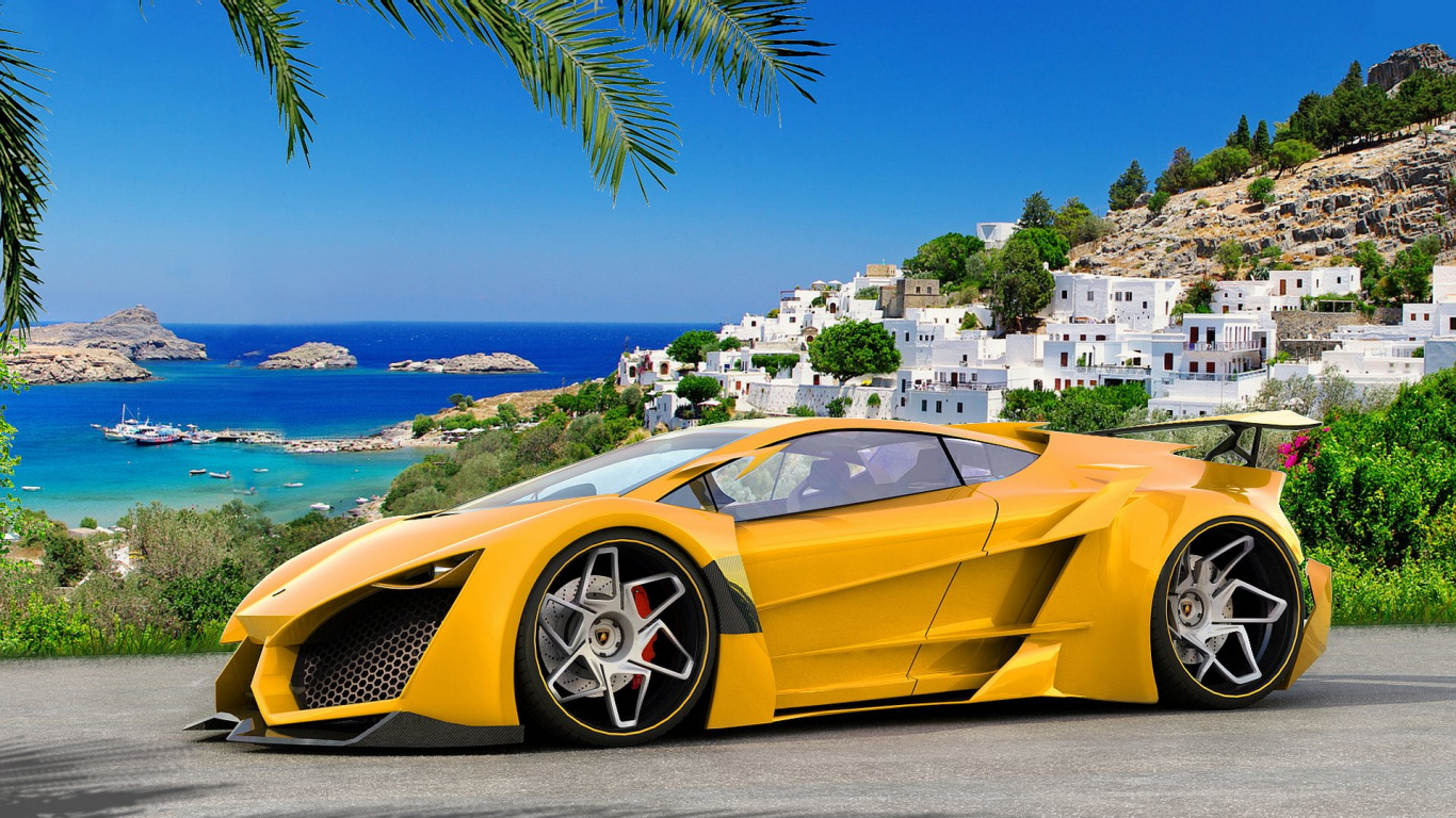 Gelber Ferrari 458 Italia am Strand Tagsüber On. Wallpaper in 1366x768 Resolution