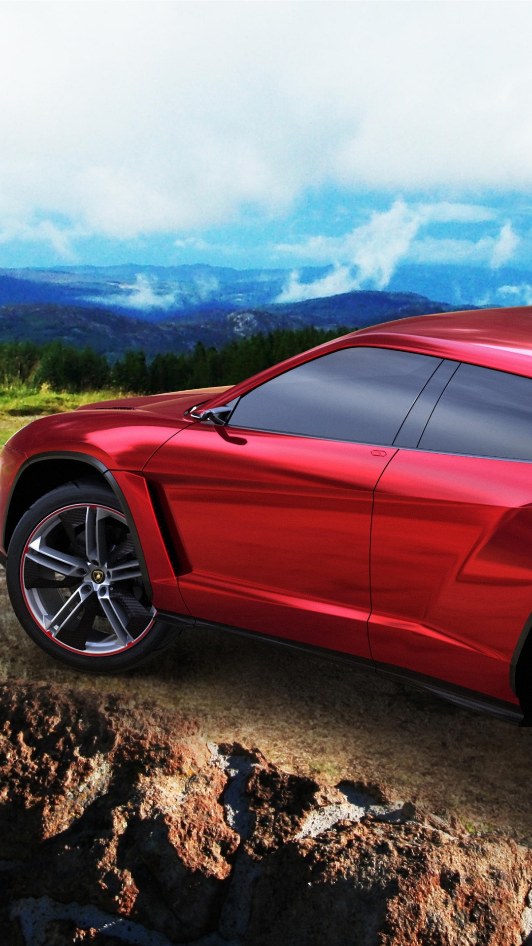 Red Ferrari 458 Italia on Brown Rocky Field Under Blue and White Cloudy Sky. Wallpaper in 1080x1920 Resolution